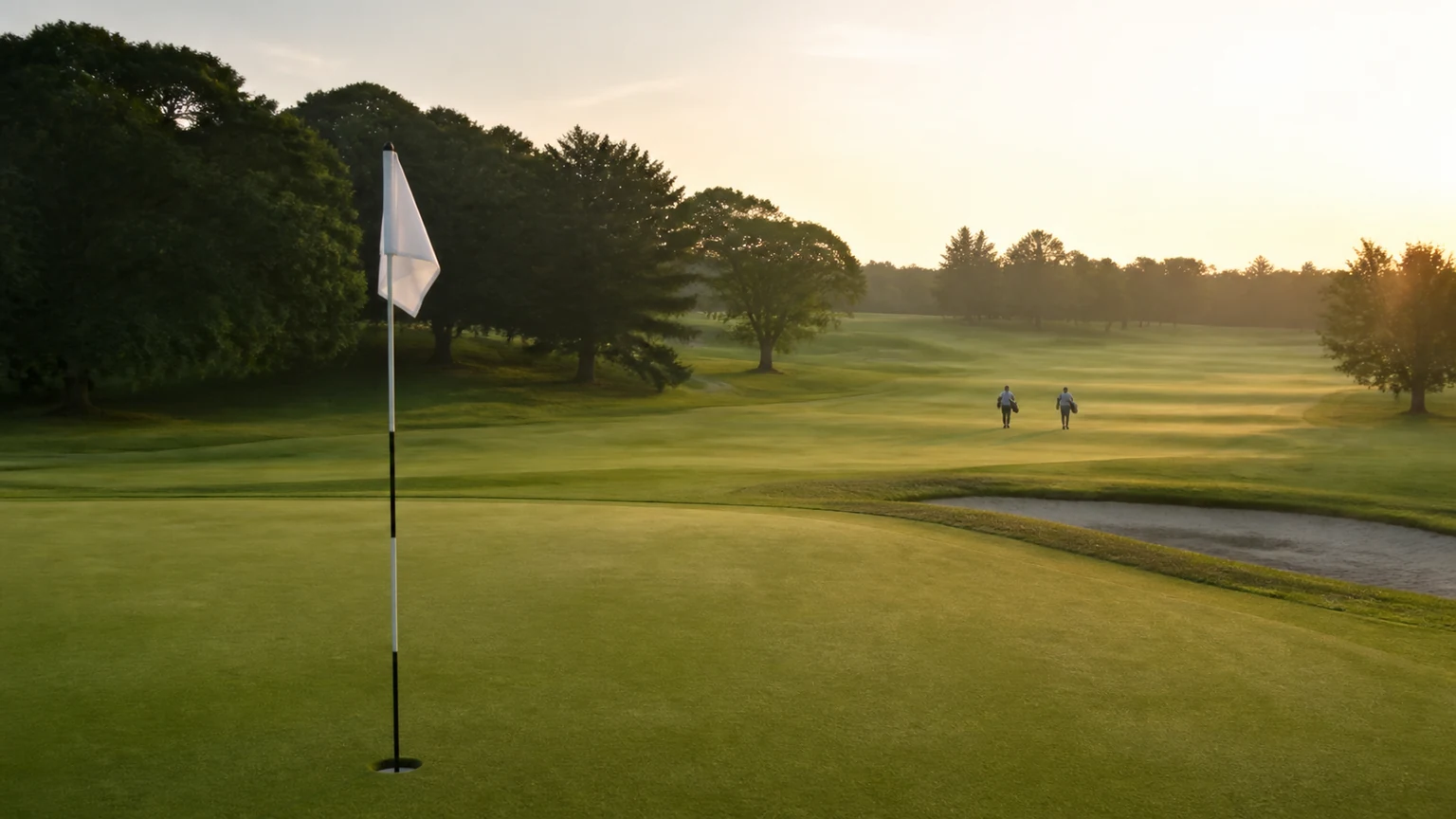 Green de golf avec drapeau, bunker et joueurs